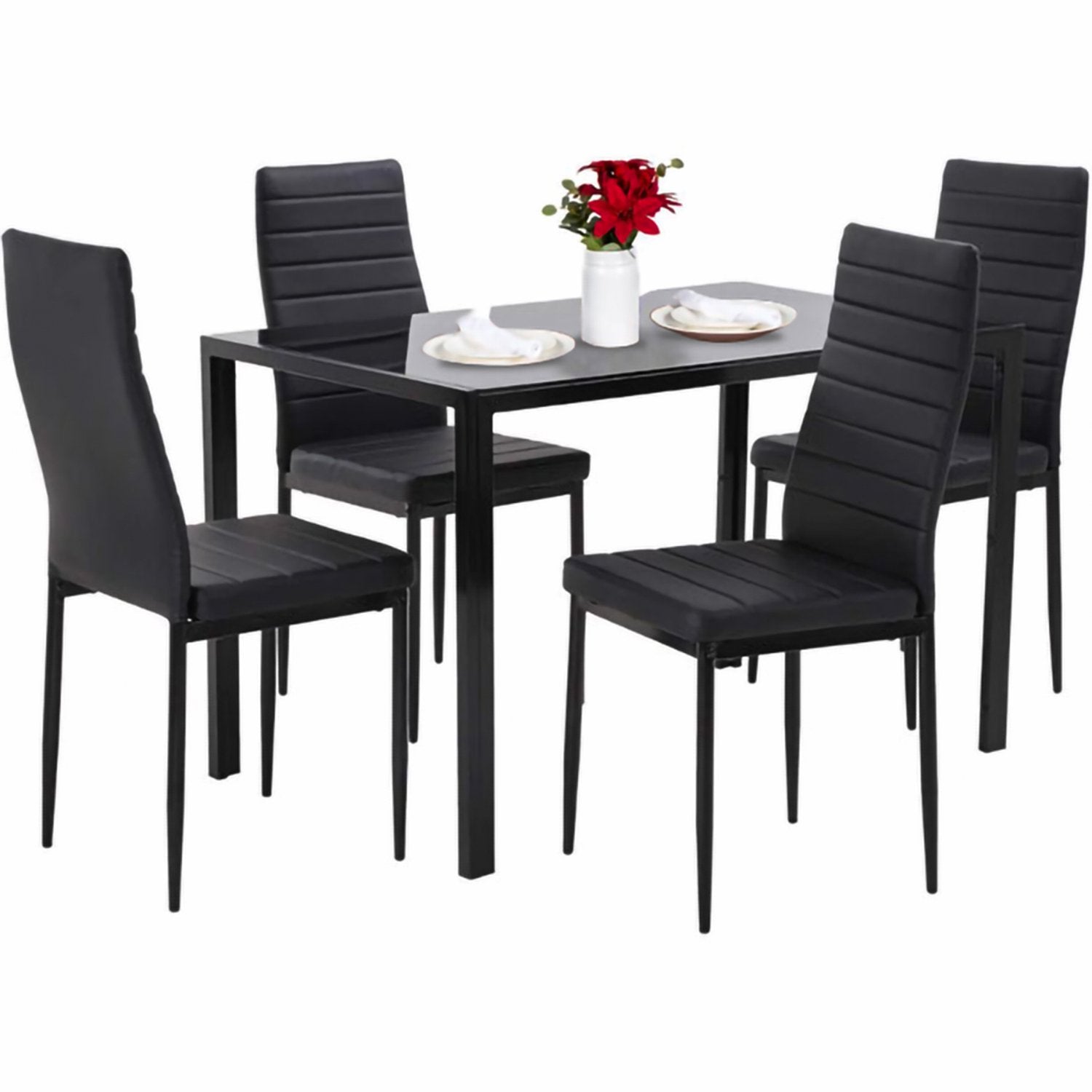 SUGIFT Dining Table Set 5-Piece Kitchen Dining Table Set for Dining Room, Kitchen, Compact Space with Glass Table Top, 4 Faux Leather Metal Frame Chairs - Black