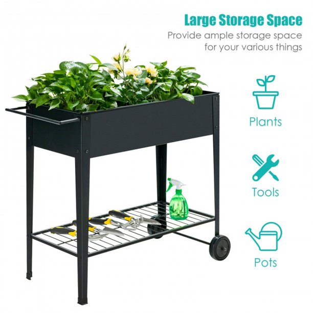 Elevated Planter Box on Wheels with Non-slip Legs and Storage Shelf Cart