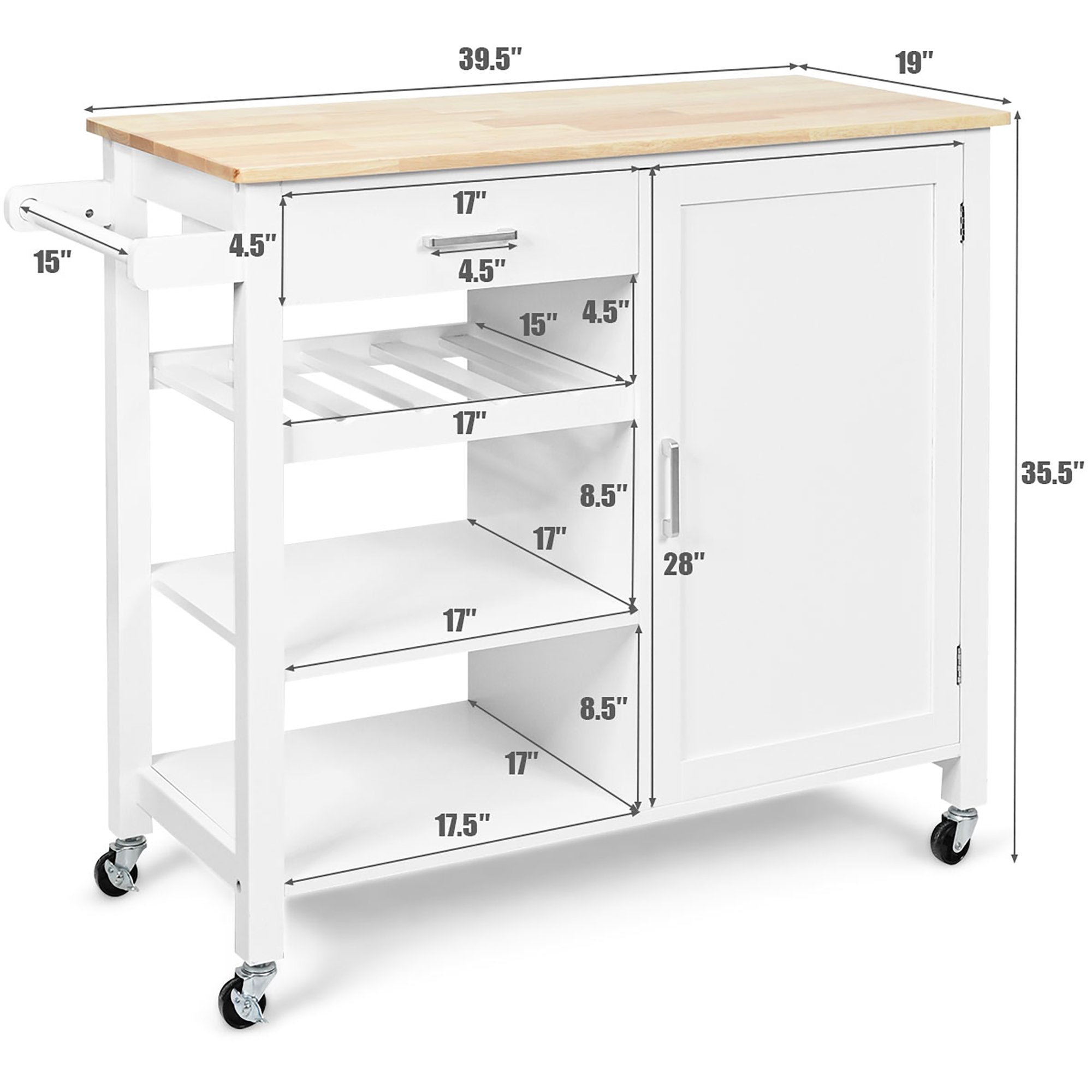 SUGIFT 4-Tier Wood Kitchen Island Trolley Cart Storage Cabinet White