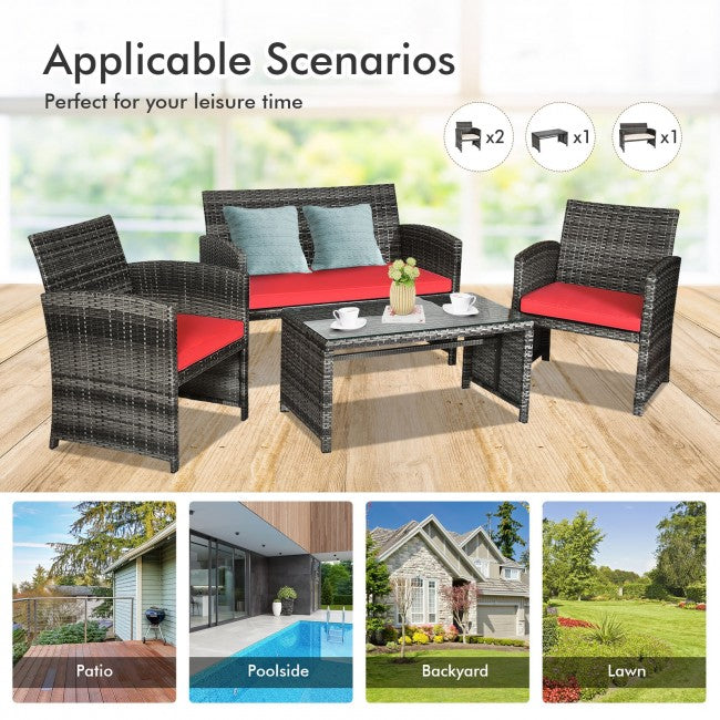 SUGIFT4 Pieces Patio Rattan Furniture Set with Glass Table and Loveseat,Red