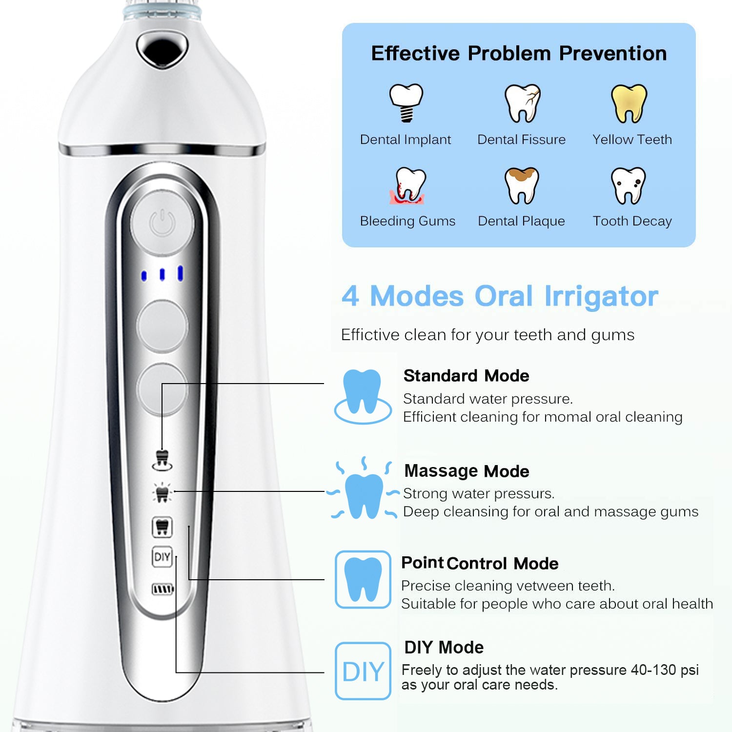 SUGIFT Water Flosser for Teeth 320ML Water Flossers Dental Oral Irrigator with DIY Mode 4 Jet Tips, IPX7 Waterproof,Portable for Home&Travel.Blue