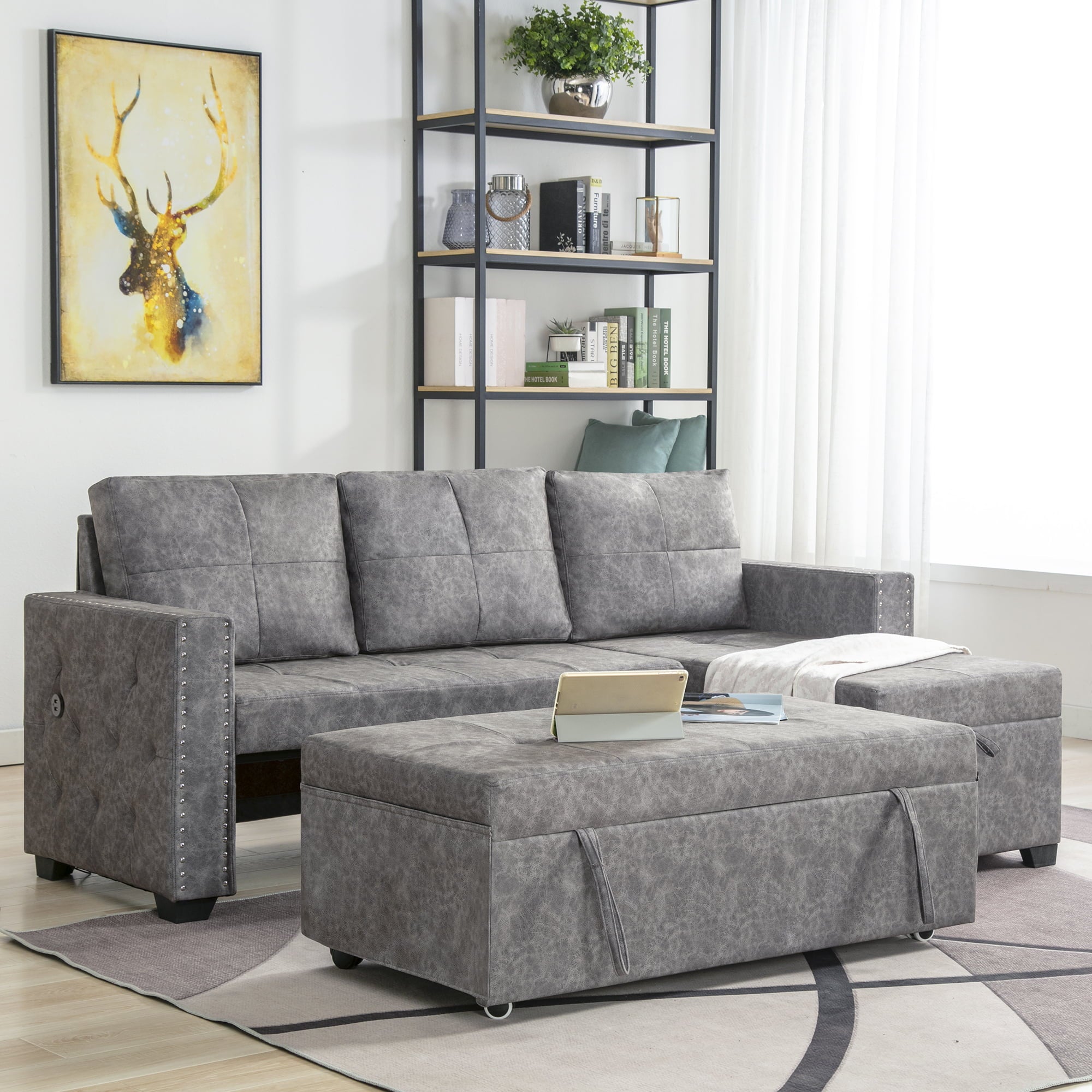 SUGIFT 84in L Sectional Sofa with USB Charger, Seats Sofa Bed with Storage Chaise, Sleeper Independent Use as Coffee Table