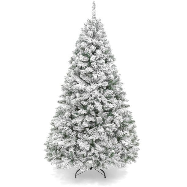 SUGIFT 6ft Premium Holiday Christmas Pine Tree w/ Snow Flocked Branches, Foldable Metal Base