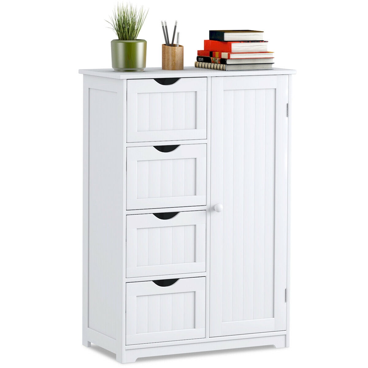 SUGIFT Wooden 4 Drawer Bathroom Cabinet Storage Cupboard 2 Shelves Free Standing White