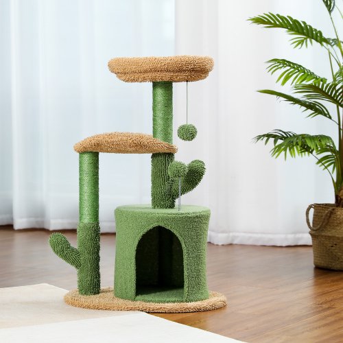 SUGIFT Indoor Cat Tree Cactus Cat Tower with Sisal Covered Scratching Post, Cozy Condo, Plush Perches and Fluffy Balls