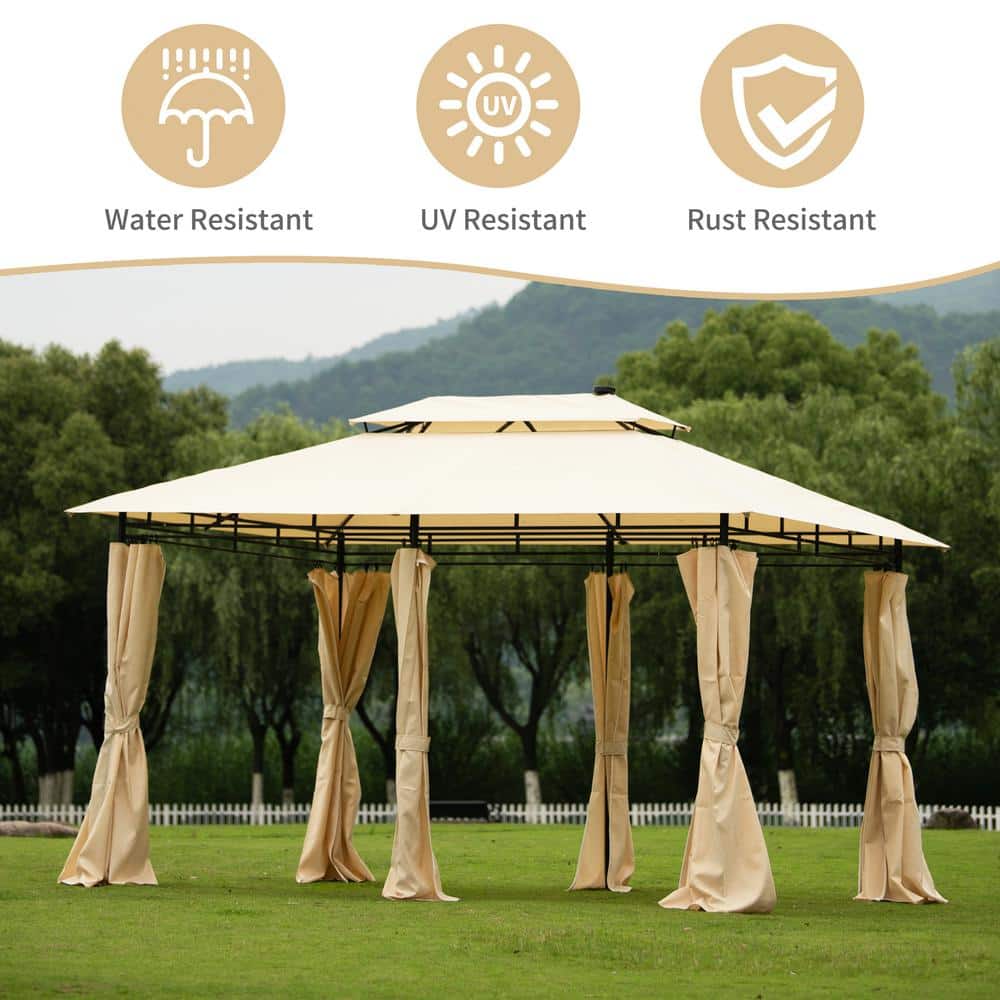 10 ft. x 13 ft. Beige 2-Tier Steel Outdoor Garden Gazebo with Vented Soft Top Canopy and Removable Curtains
