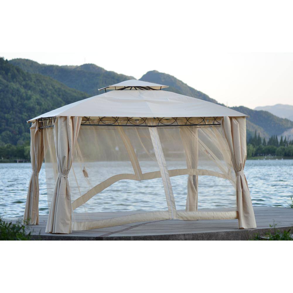 12 ft. x 10 ft. Beige Outdoor Patio Gazebo Canopy with Zippered Mesh Sidewalls and Arched Roof