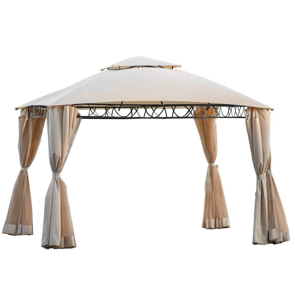 12 ft. x 10 ft. Beige Outdoor Patio Gazebo Canopy with Zippered Mesh Sidewalls and Arched Roof