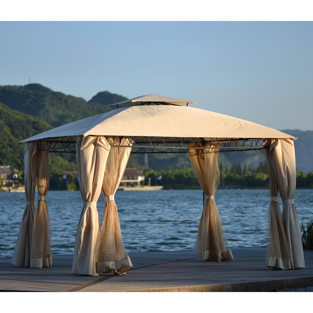 12 ft. x 10 ft. Beige Outdoor Patio Gazebo Canopy with Zippered Mesh Sidewalls and Arched Roof