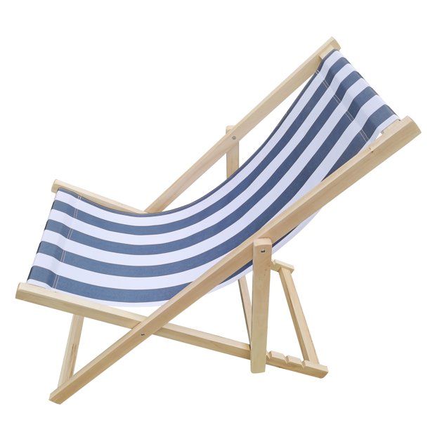 SUGIFT Beach Sling Chair, Lounge Striped Chair Outdoor, Reclining Beach Chair, Wooden Folding Adjustable Patio Chair, Blue