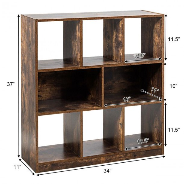 3-Tiers Freestanding Organizer Storage Open Compartments Industrial Bookshelf-Brown