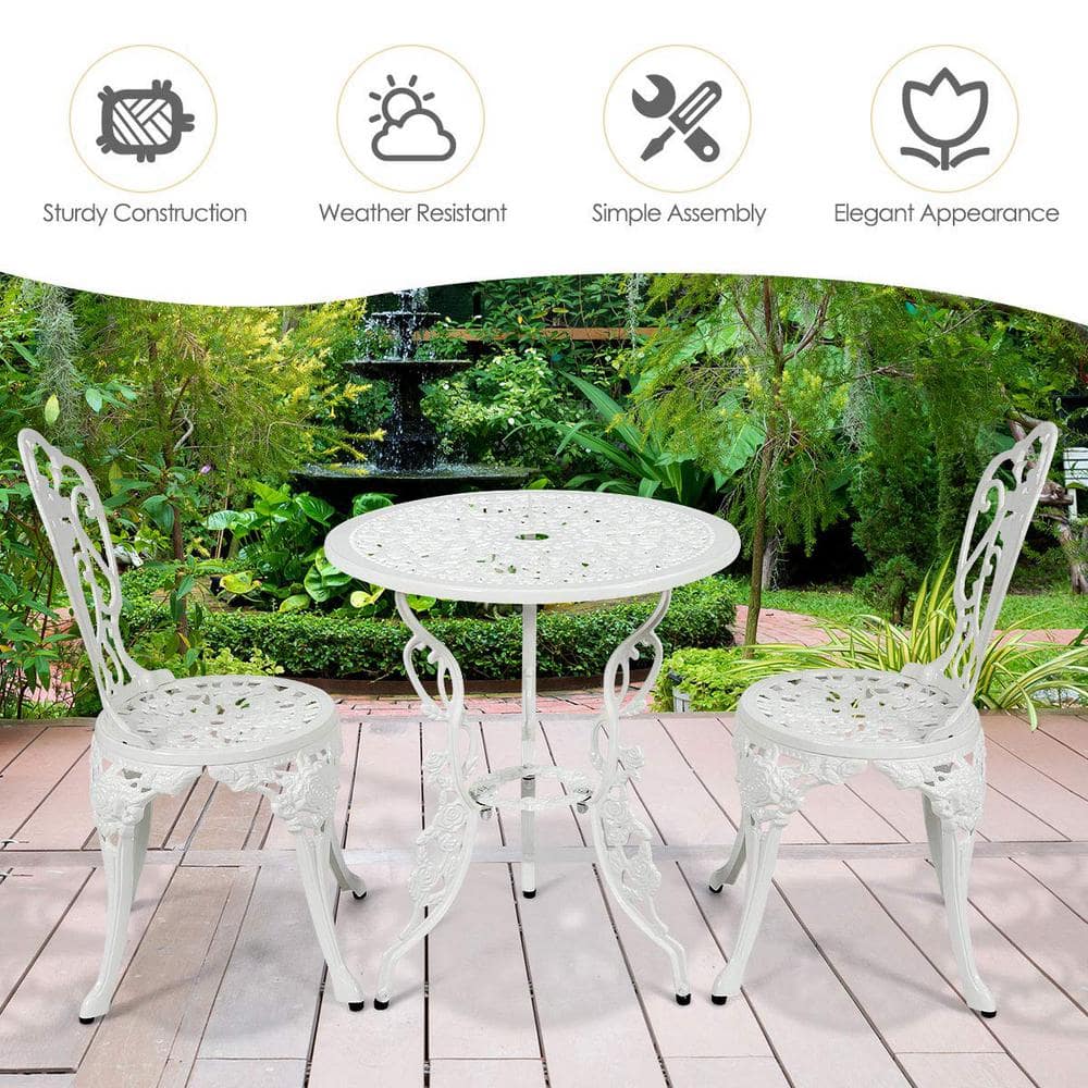 Classic White 3-Piece Cast Aluminum Round Outdoor Bistro Set