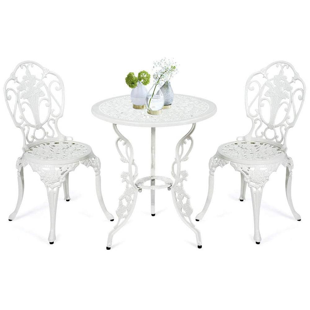 Classic White 3-Piece Cast Aluminum Round Outdoor Bistro Set