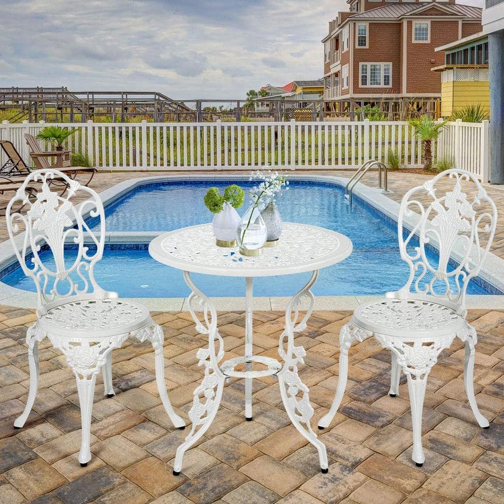 Classic White 3-Piece Cast Aluminum Round Outdoor Bistro Set