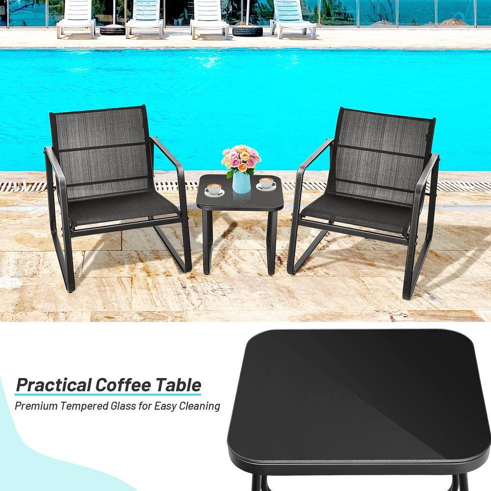 Black 3-Piece Metal Outdoor Bistro Set with Glass Top Table