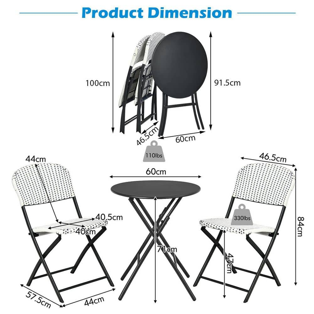 Wicker Outdoor 3-Piece Patio Bistro Set with Round Dining Table and 2-Chairs in White