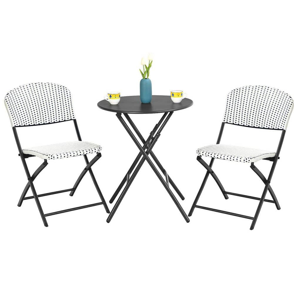 Wicker Outdoor 3-Piece Patio Bistro Set with Round Dining Table and 2-Chairs in White