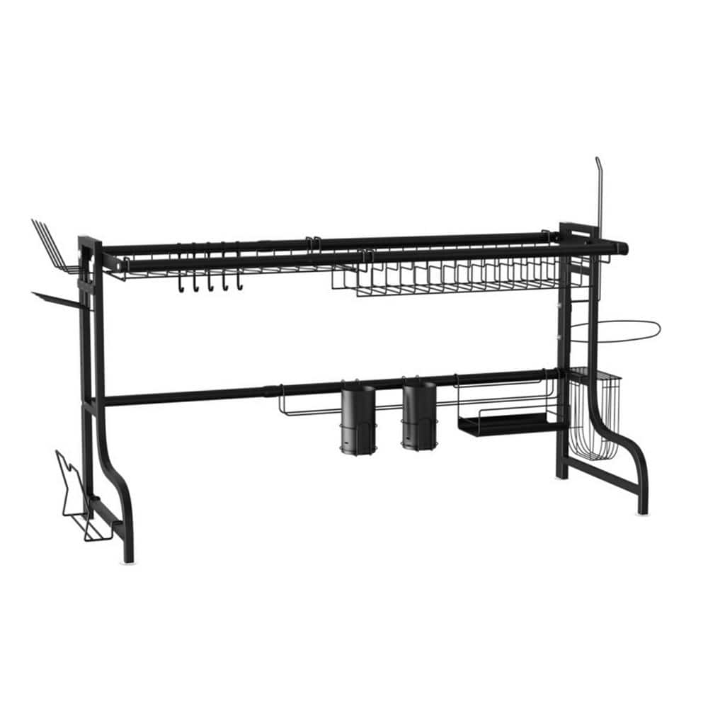 Black Adjustable Stainless Steel Standing Dish Rack Kitchen Organizer