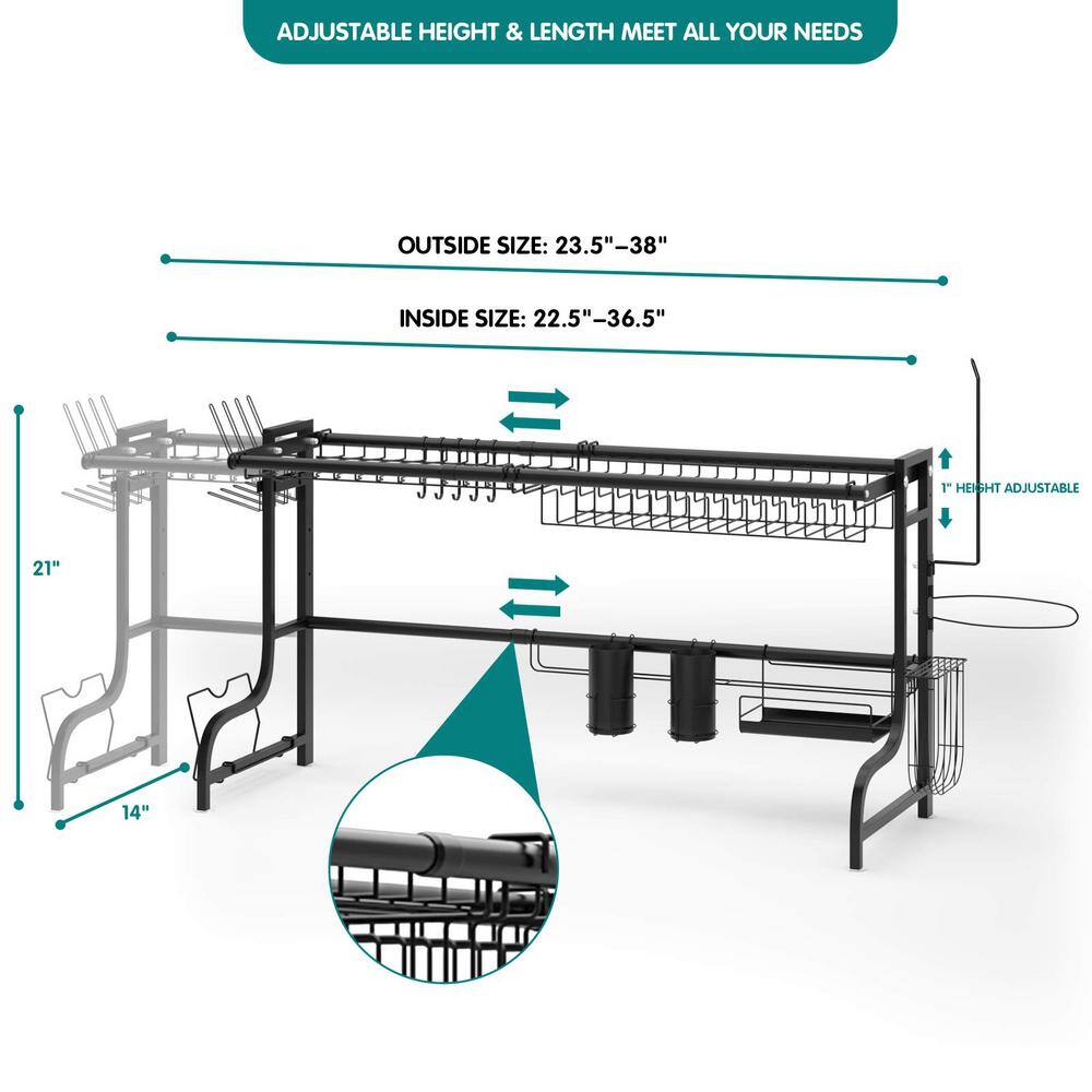 Black Adjustable Stainless Steel Standing Dish Rack Kitchen Organizer