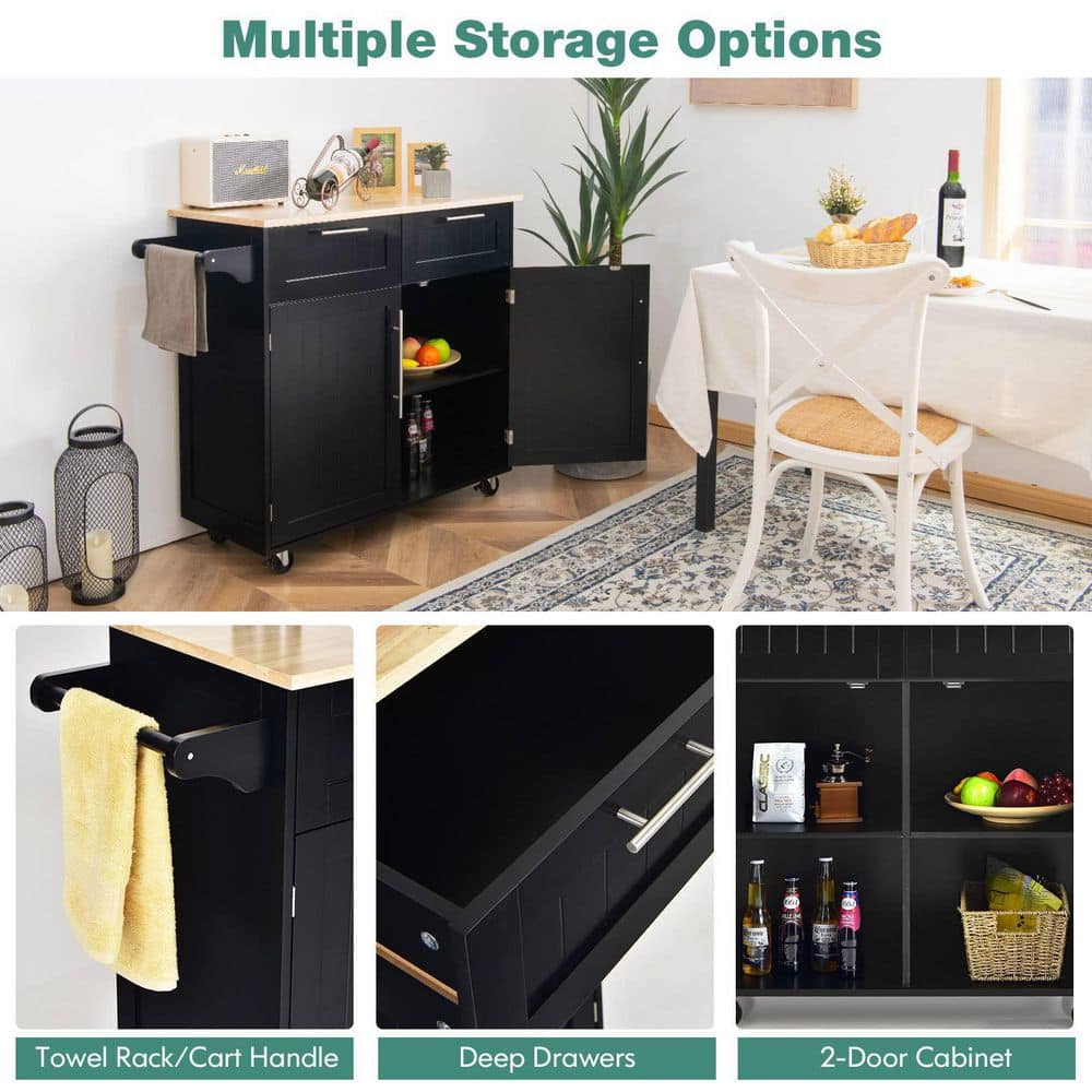 37 in. W Heavy Duty Black Rolling Kitchen Cart with Butcher Block Top and Double-Drawer Storage