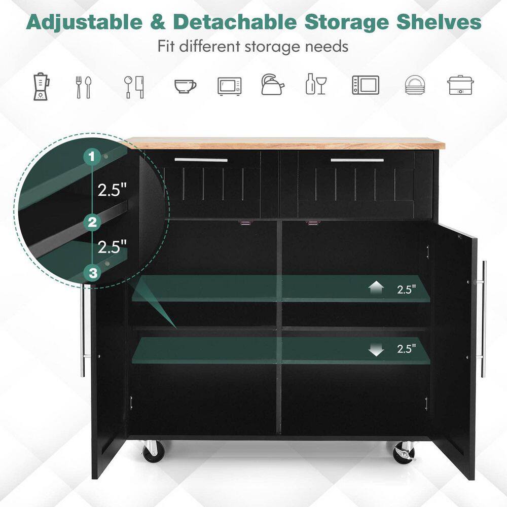 37 in. W Heavy Duty Black Rolling Kitchen Cart with Butcher Block Top and Double-Drawer Storage