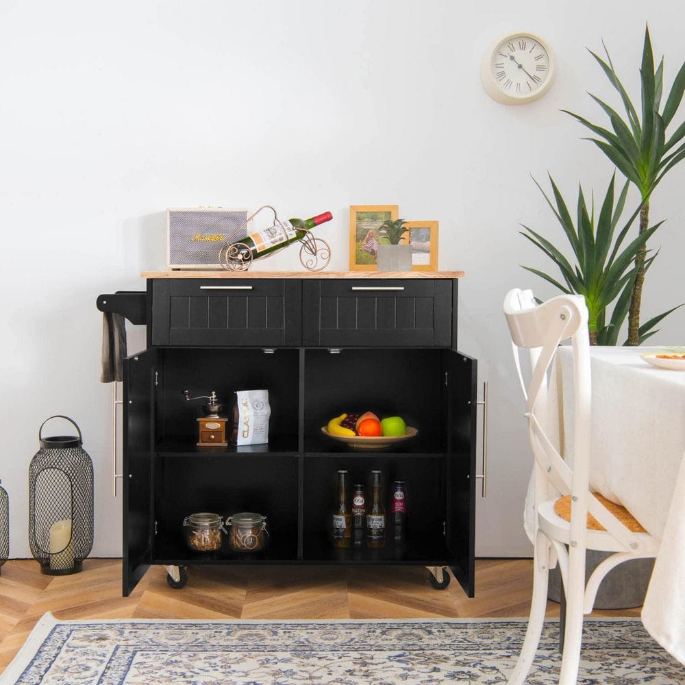 37 in. W Heavy Duty Black Rolling Kitchen Cart with Butcher Block Top and Double-Drawer Storage