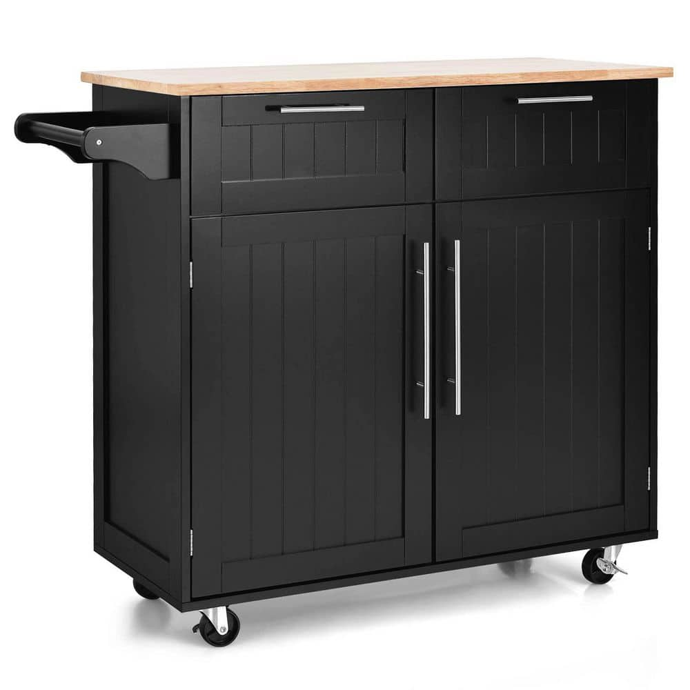 37 in. W Heavy Duty Black Rolling Kitchen Cart with Butcher Block Top and Double-Drawer Storage