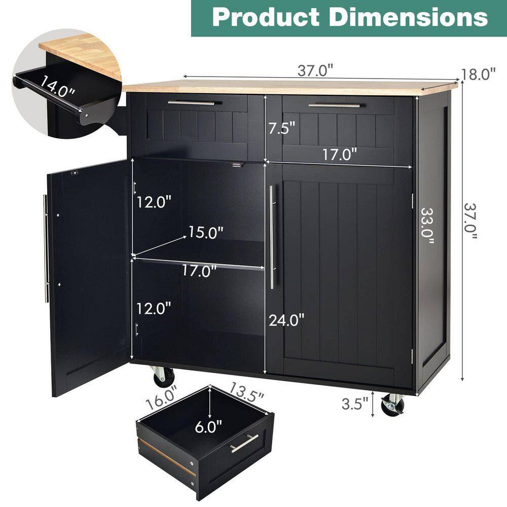 37 in. W Heavy Duty Black Rolling Kitchen Cart with Butcher Block Top and Double-Drawer Storage