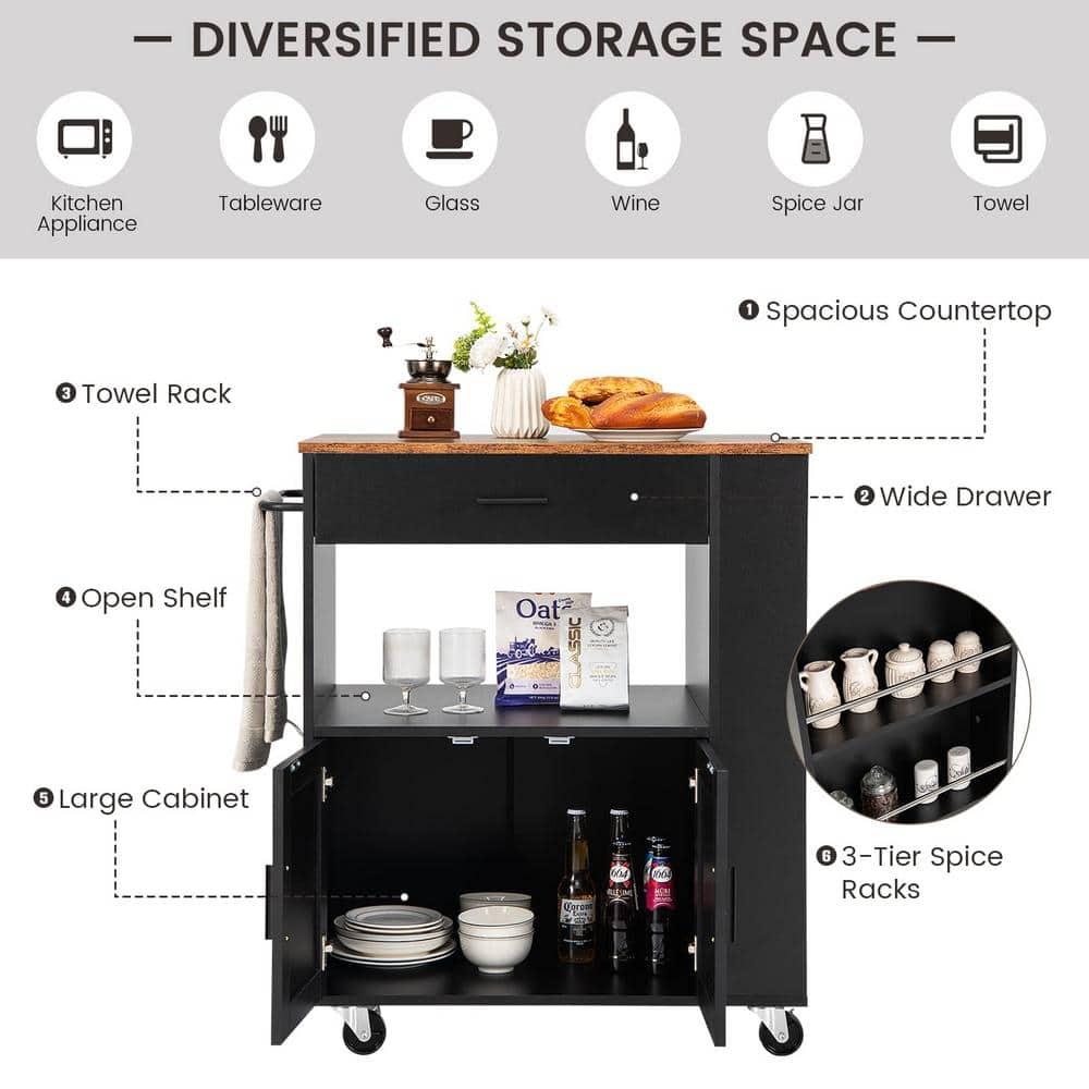 Black Rolling Kitchen Cart with - Spice Racks Drawer and Open Shelf