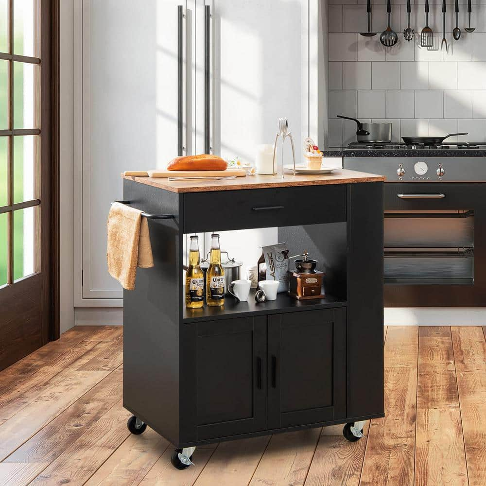 Black Rolling Kitchen Cart with - Spice Racks Drawer and Open Shelf