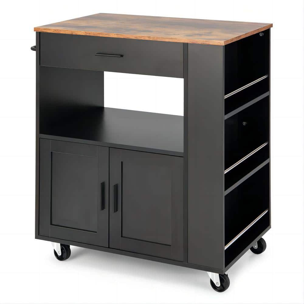 Black Rolling Kitchen Cart with - Spice Racks Drawer and Open Shelf