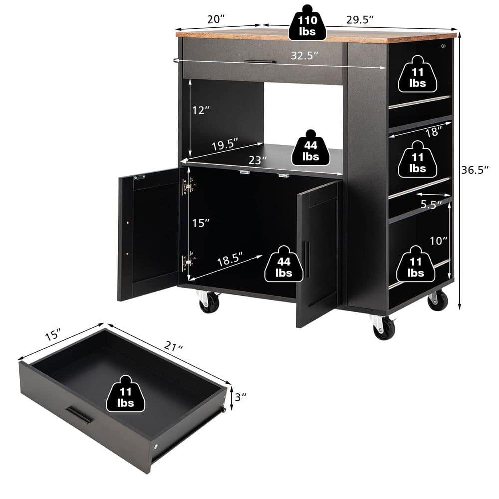 Black Rolling Kitchen Cart with - Spice Racks Drawer and Open Shelf