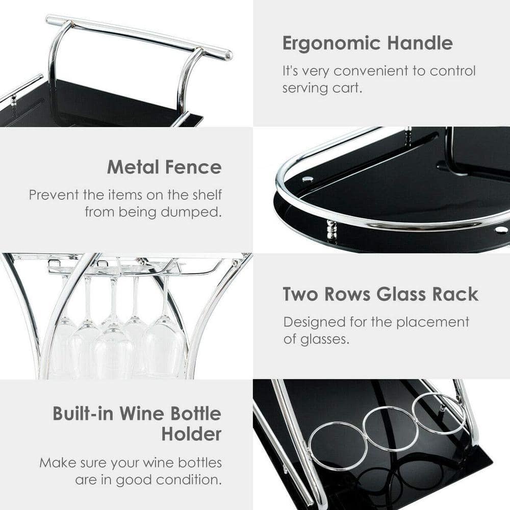 Black Metal Frame Rolling Glass Kitchen Cart with 2-Tempered Glass Shelves