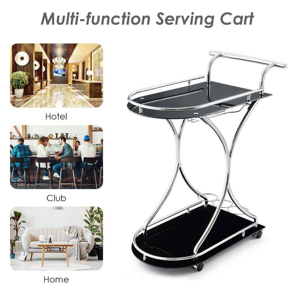 Black Metal Frame Rolling Glass Kitchen Cart with 2-Tempered Glass Shelves