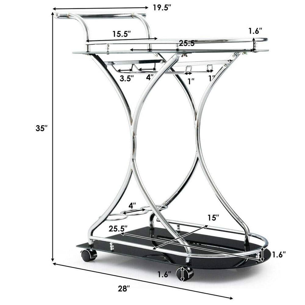 Black Metal Frame Rolling Glass Kitchen Cart with 2-Tempered Glass Shelves