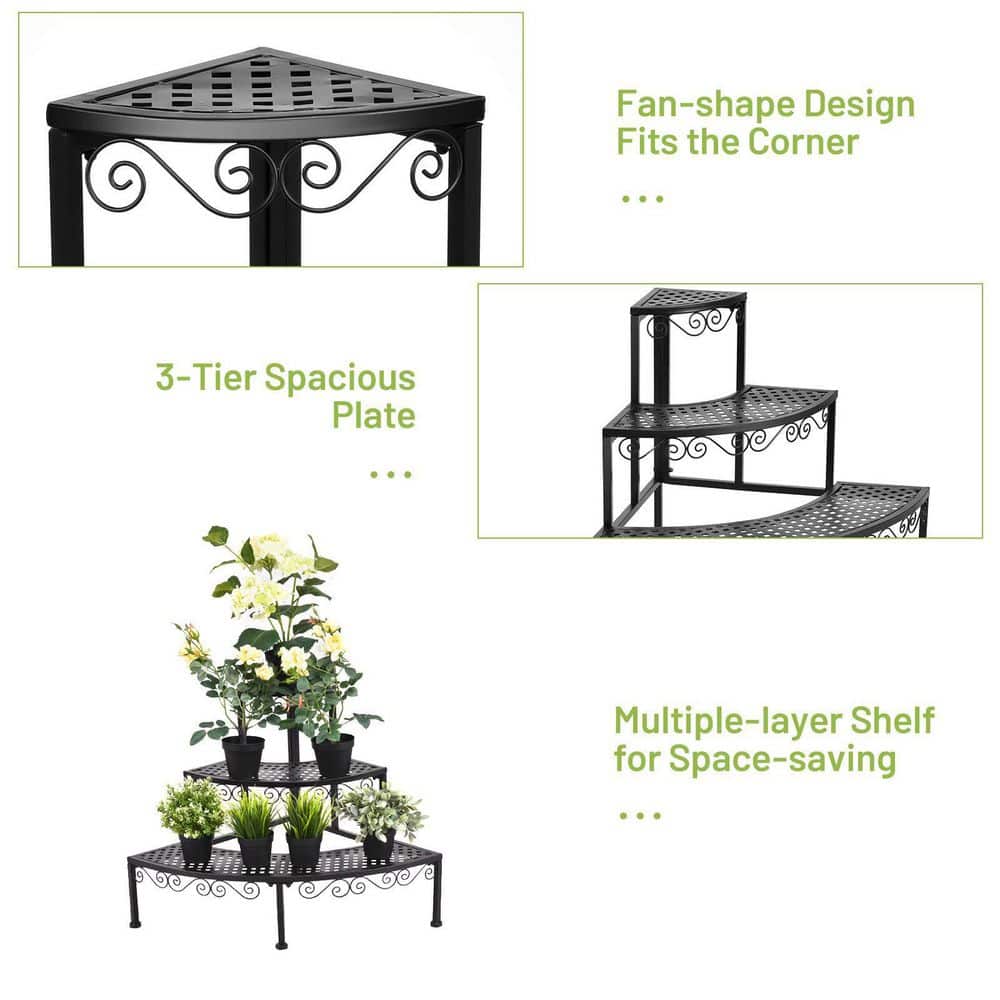Black Metal Corner Flower Ladder Plant Stand (3-Tier)