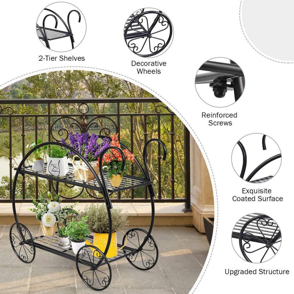 25 in. H Black Heavy-Duty Metal Flower Cart Plant Stand