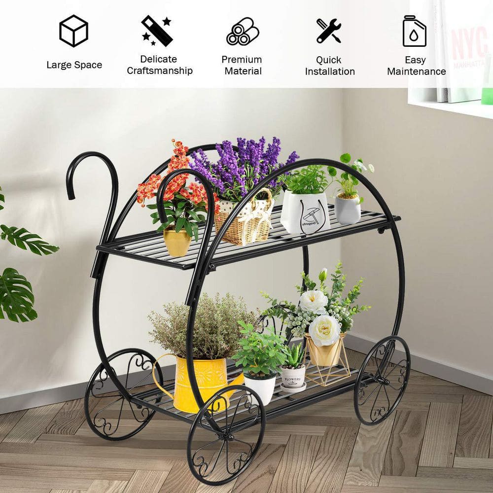 25 in. H Black Heavy-Duty Metal Flower Cart Plant Stand