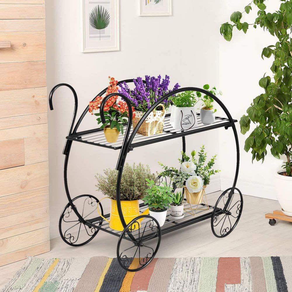 25 in. H Black Heavy-Duty Metal Flower Cart Plant Stand