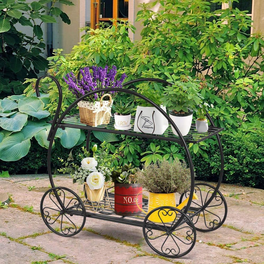 25 in. H Black Heavy-Duty Metal Flower Cart Plant Stand