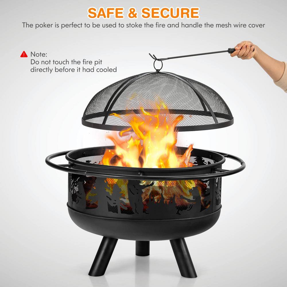 Sphere 36 in. x 24 in. H Round Metal Wood and Coal Burning Outdoor Fire Pit and Grill in Black with Poker