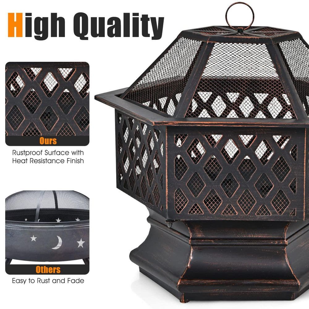 26 in. x 22 in. Outdoor Hex-Shaped Patio Firebowl Portable Wood Fire Pit with Spark Screen Cover and Poker