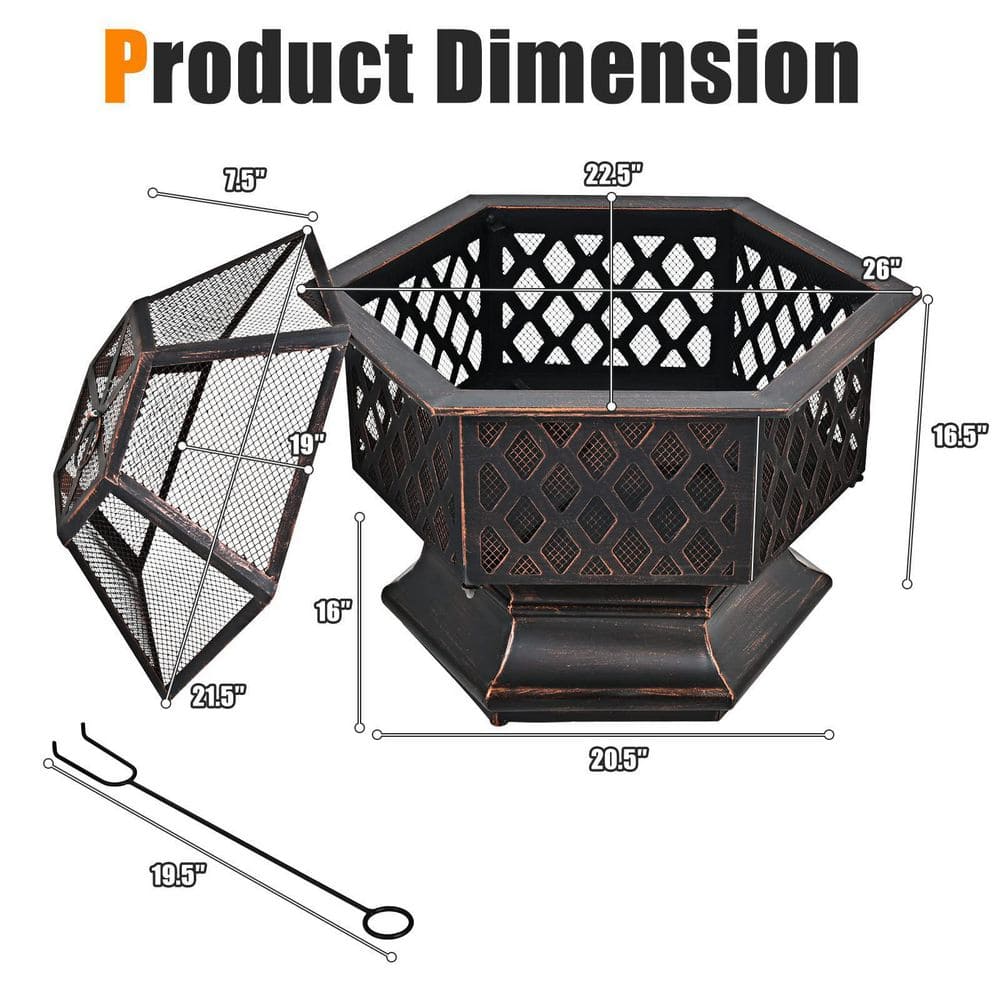 26 in. x 22 in. Outdoor Hex-Shaped Patio Firebowl Portable Wood Fire Pit with Spark Screen Cover and Poker