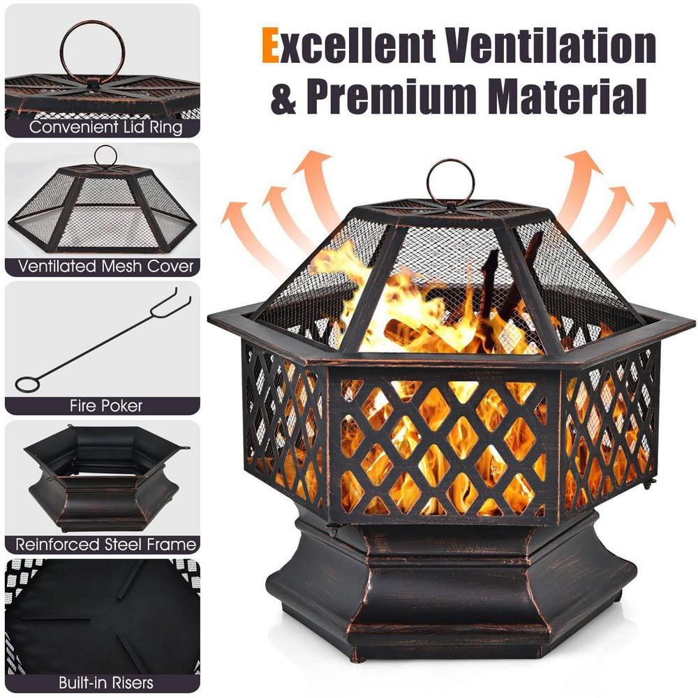 26 in. x 22 in. Outdoor Hex-Shaped Patio Firebowl Portable Wood Fire Pit with Spark Screen Cover and Poker