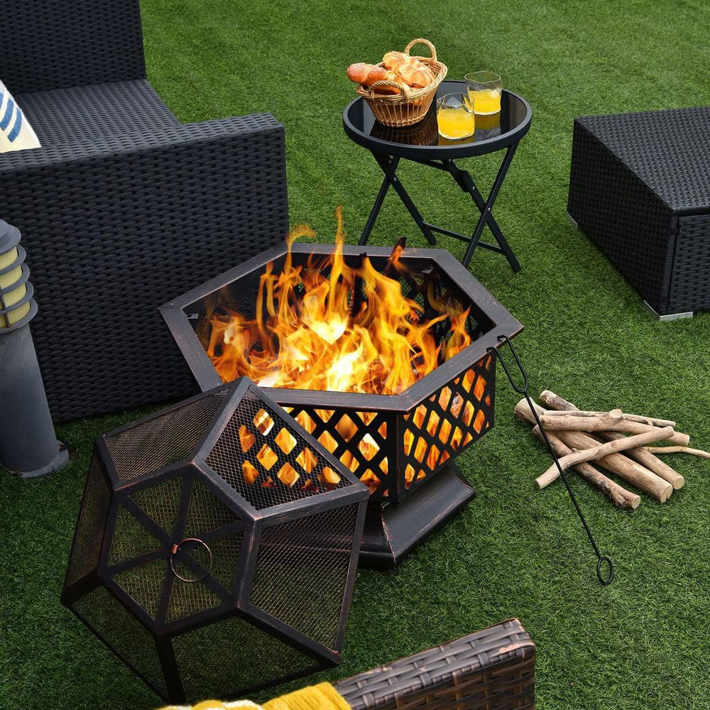 26 in. x 22 in. Outdoor Hex-Shaped Patio Firebowl Portable Wood Fire Pit with Spark Screen Cover and Poker