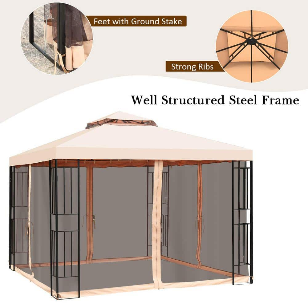 10 ft. x 10 ft. Light Brown Outdoor Patio Canopy Tent with Netting (2-Tier)