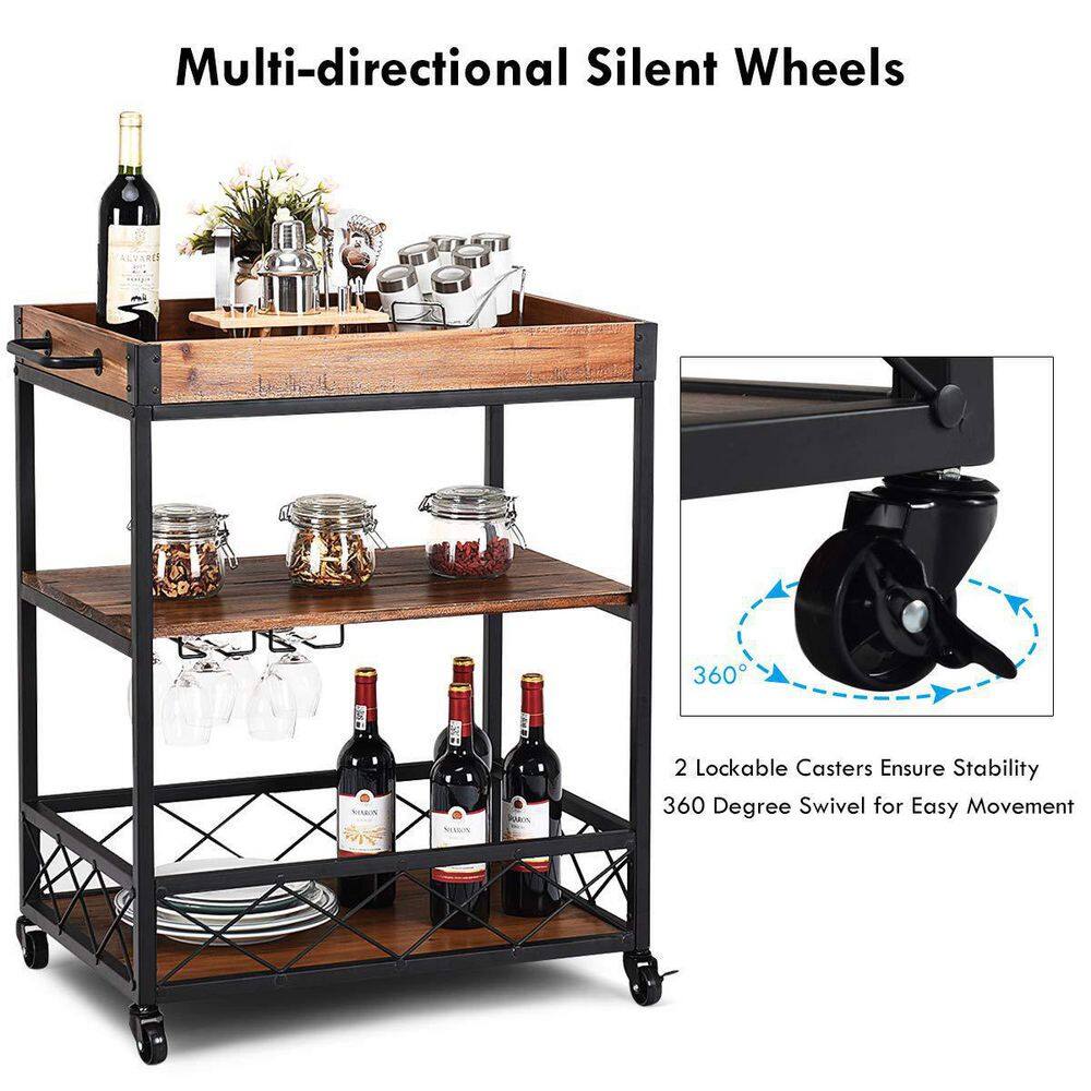 3-Tier Kitchen Cart with Natural Wood Top and Locking Wheels