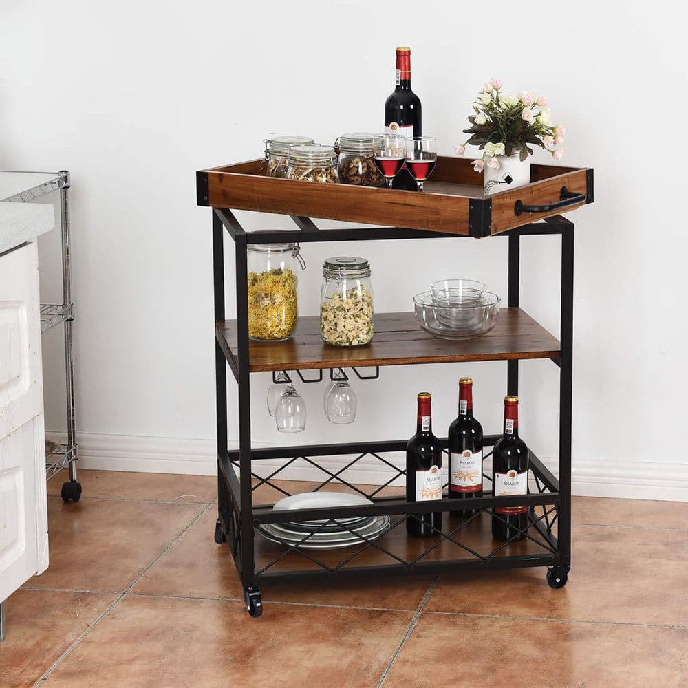 3-Tier Kitchen Cart with Natural Wood Top and Locking Wheels