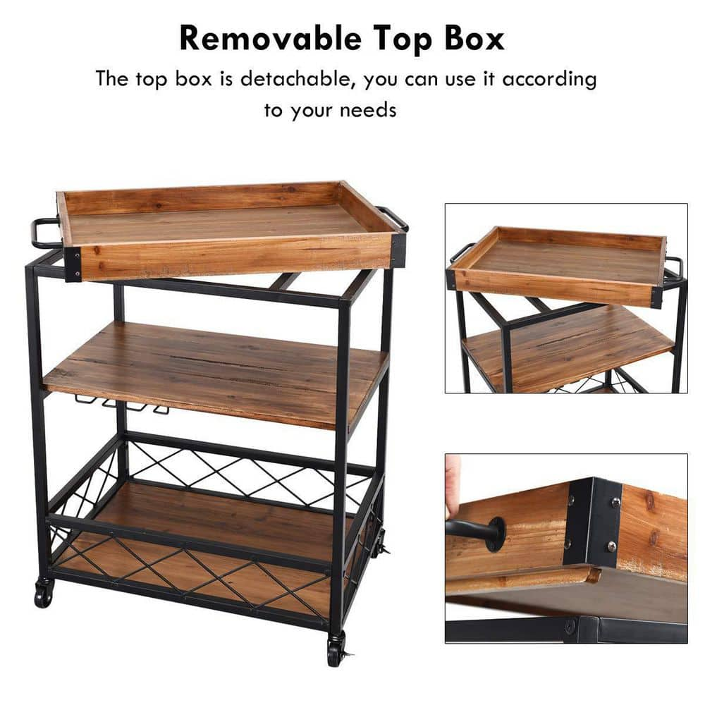 3-Tier Kitchen Cart with Natural Wood Top and Locking Wheels