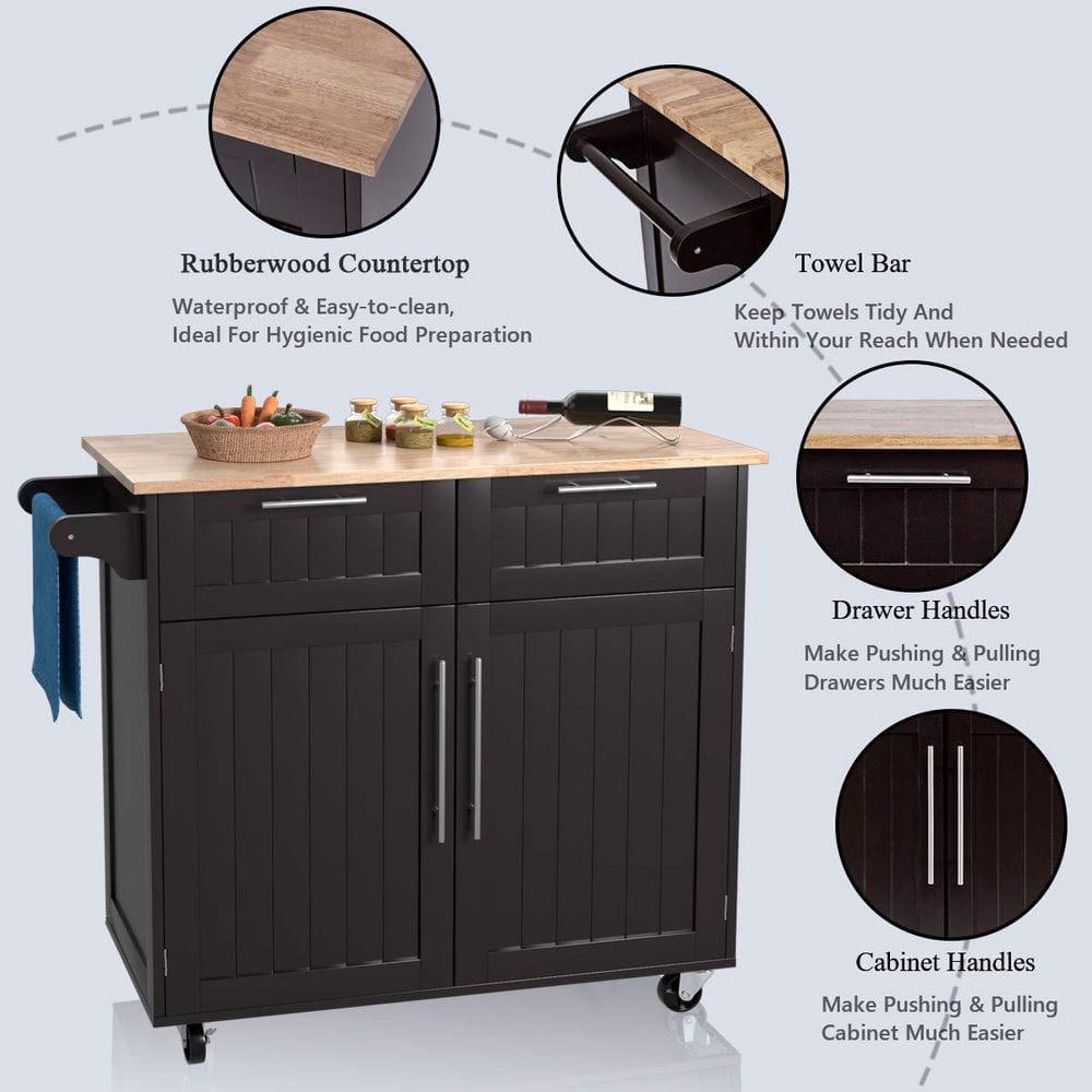 37 in. W Heavy Duty Brown Rolling Kitchen Cart with Butcher Block Top and Double-Drawer Storage